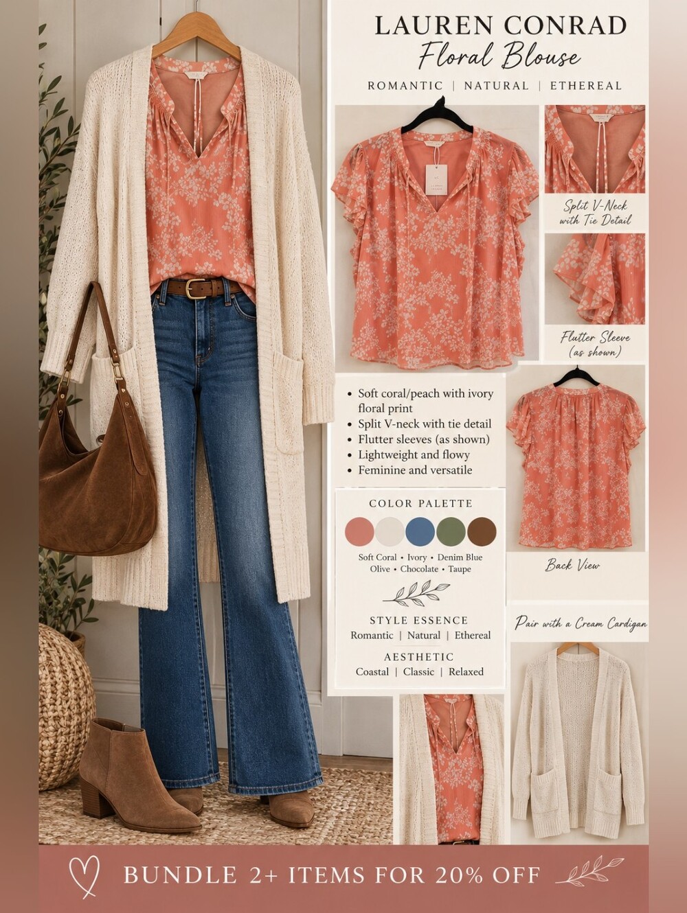 NWT Lauren Conrad Floral Ruffle Blouse Medium Coral Peach